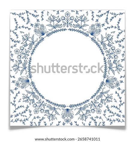 Botanical round floral border and blue toile de jouy style background. Circle frame with engraved wild flowers. Vector illustration.