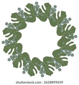 Botanical round frame with decorative leaves and branches green color. Abstract plant illustration. Vector art for banners, card, invitations