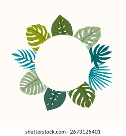 Quadro redondo botânico com folhas de palma e monstera e espaço de cópia em cores verde azul. Ilustração de vetor desenhada à mão. Design universal para cartão, cartaz, menu, scrapbooking, convite, embalagem