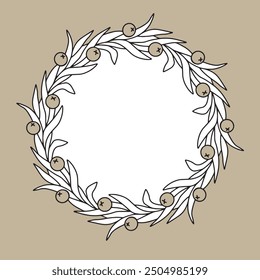 Botanical round frame with space for text. Beautiful hand drawn postcard with a wreath of leaves and berries. Vector illustration for invitations, menus, cards. Craft paper. Beige background. Eps 10