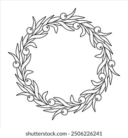 Marco redondo botánico con espacio para texto. Hermosa tarjeta dibujada a mano con una corona de hojas y bayas. Ilustración vectorial aislada sobre fondo blanco para invitaciones, menú, postales. Vector, eps