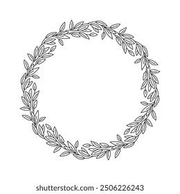 Botanical round frame with space for text. Beautiful hand drawn card with wreath of leaves and berries. Vector illustration isolated on white background for invitations, menu, postcards. Vector, eps