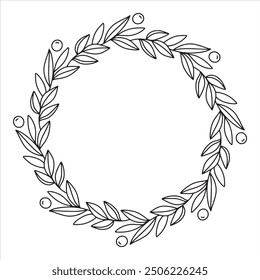 Botanical round frame with space for text. Beautiful hand drawn card with wreath of leaves and berries. Vector illustration isolated on white background for invitations, menu, postcards. Vector, eps