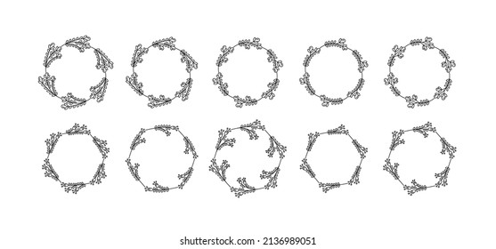 Botanical Round Frame-realated vector element with line style. Perfect for any purpuse use. Decorative outline cector illustration. Botanical and flower circle frame.
