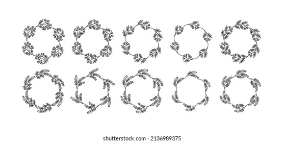 Elemento vectorial de redondeo botánico relacionado con el marco con estilo de línea. Perfecto para cualquier uso con el uso de la bolsa. Ilustración de los segmentos de esquema decorativos. Marco botánico y de círculo floral.
