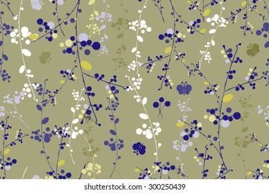 Botanical royal blue and yellow garland vector seamless pattern