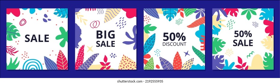 Botanical sale banner. Abstract spring flowers, summer exotic floral frames. Discount poster collage with tropical leaves, magic garden plants cover, modern design. Vector illustration set