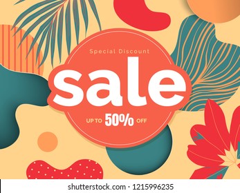 Botanical sale banner/background template design, leaves and abstract shapes with hand drawn pattern in warm orange and green tones