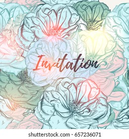 Botanical save the date card with roses in and drawn engraved style