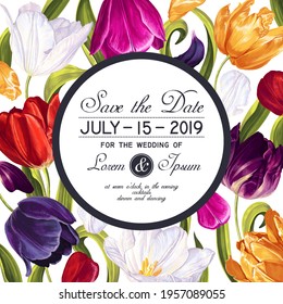 Botanical Save the date card template, wedding or party invitation with multicolored i bright vector tulips. Realistic painted flowers in a template suitable for banner ads and social media posts.