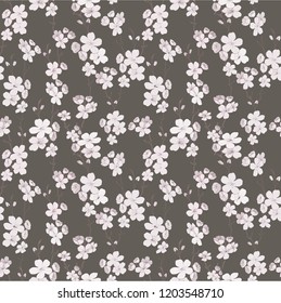 Botanical seamless Asian pattern with Sakura.Vector illustration.Tree branch.Contrasting colors.Dark background.Wavy line.Template for Wallpaper, postcard,paper,fabric, web page.