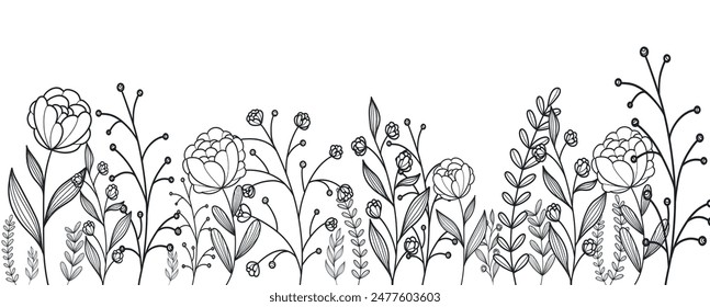 Botanical seamless background with trendy meadow greenery and flowers. Vintage foliage pattern for wedding invitation, wall art and card template. illustration in hand drawn line art style	
