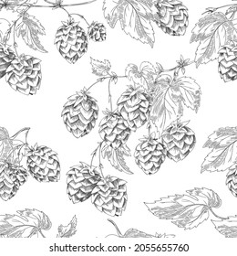 Botanical seamless black and white pattern with branches, leaves and flowers of hops. Vector hand drawn background for product packaging design. Retro style.