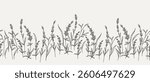 Botanical seamless border with lavender flowers and stems. Hand drawn line art pattern for wedding invitation, wall art, packaging, greeting card. Vector illustration
