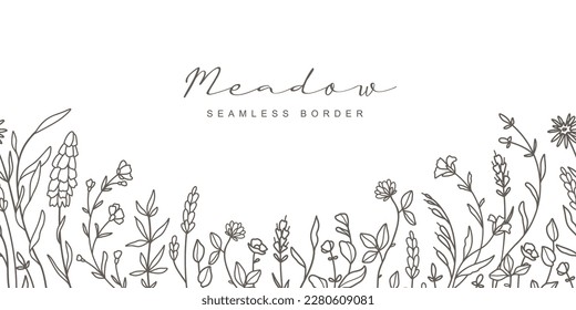 Botanical seamless border with trendy meadow greenery and flowers. Vintage foliage pattern for wedding invitation, wall art and card template. Vector illustration in hand drawn line art style