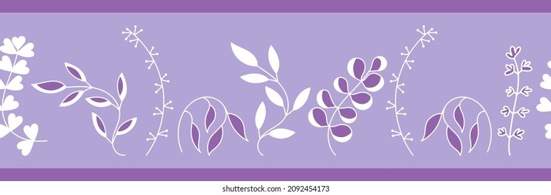 Borde sin costuras botánico. Plantas blancas en un fondo lila. Ilustración de vector floral dibujada a mano