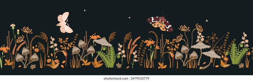 Botanical seamless border with wildflowers,herbs,toadstools and moths.Colorful background with night landscape.Horizontal banner with stars, plants and flying insect.Vector design with floral pattern.