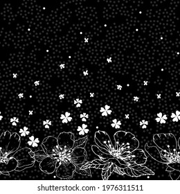 Botanical seamless borders, bezel with white flowers and leaves on a black background. Polka dots on the background. For towels, dresses and fabrics. For web pages and printing.