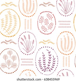 Botanical seamless colorful pattern with linear herb elements and geometric shapes, circles, triangles, squares.