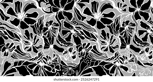 Botanical seamless drawing with abstract flowers and leaves hand drawn in black gray white lines and brush strokes. Scandinavian plant art forms. Trendy print for fabric, wallpaper, packaging