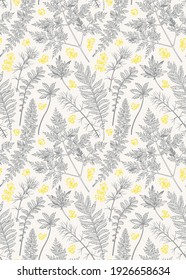 Botanical seamless gray and yellow pattern with plants. Vector print with leaves and herbs. Backgrounds for wrapping paper, textiles, wallpapers. Trendy Ultimate Gray and Illuminating. 
