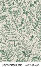 Botanical seamless hand-drawn pattern with coniferous branches, plants and berries. Vintage engraving style. Vertical format. Monochrome graphics. Vector illustration.