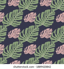 Botanical seamless palm pattern with lilac and green monstera ornament. Navy blue background. Decorative backdrop for wallpaper, textile, wrapping paper, fabric print. Vector illustration.