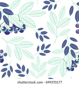Botanical seamless pattern of abstract blue green 
leaves and berries on a white background. Vector.