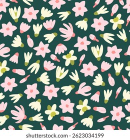 Padrão botânico sem emenda com botões abstratos. Vetor floral na moda plano de fundo. Flores de camomila e magnólia