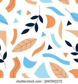 Botanical seamless pattern with abstract elements on a white background. Colorful vector background with foliage. Orange and dark blue. Perfect for clothing design, textiles, wallpaper, notebooks