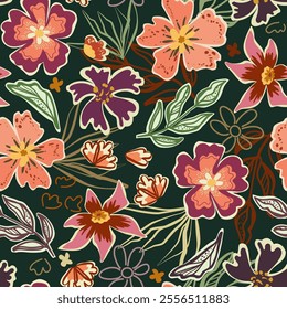 Botanical seamless pattern of abstract flowers and leaves. Bright floral print on dark background