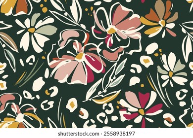 Botanical seamless pattern of abstract flowers and leaves. Summer floral background on a dark green background. Printing wallpaper, covers, textiles, paper