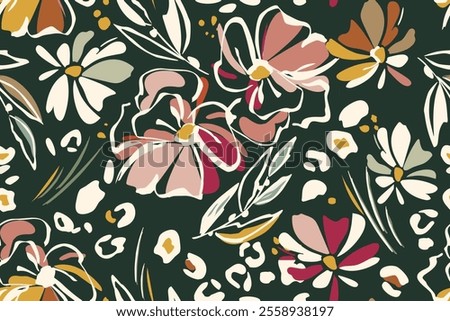 Botanical seamless pattern of abstract flowers and leaves. Summer floral background on a dark green background. Printing wallpaper, covers, textiles, paper