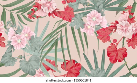 Botanical seamless pattern, Alcea or hollyhocks flowers and palm leaves on brown, pastel vintage theme