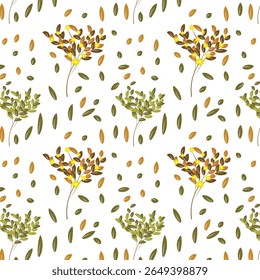 Padrão botânico sem emenda com folhas de outono, ramos e flores amarelas. Ideal para projetos de tecido, papel de parede, envoltório de presente e design sazonal.