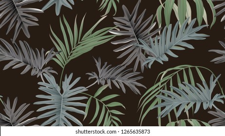 Botanical seamless pattern, bamboo palm and Philodendron bipinnatifidum on dark brown, pastel vintage theme