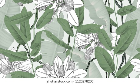 Botanical seamless pattern, banana leaves, vines and other leaves on light green background