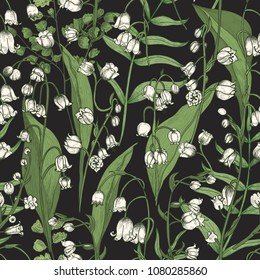 Botanical seamless pattern with beautiful blooming Lily of the valley flowers on black background. Natural backdrop with meadow flowering plant. Realistic vector illustration for wrapping paper