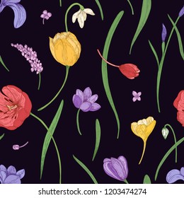 Botanical seamless pattern with beautiful blooming spring flowers and leaves scattered on black background. Colored hand drawn natural vector illustration for fabric print, wrapping paper, wallpaper.