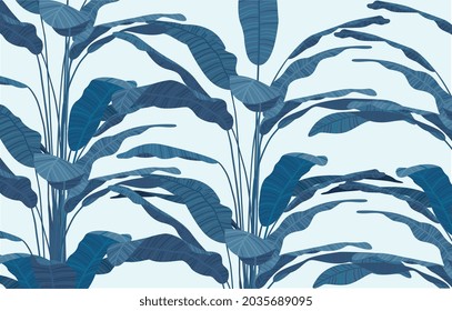 Botanical seamless pattern. Beautiful poster with blue exotic leaves. Design for wallpapers, shirts and social networks. Cartoon contemporary flat vector illustration isolated on light background