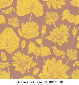 Botanical seamless pattern with beautiful yellow blooming lotus hand drawn on brown background. Backdrop with elegant flowers, buds and leaves. Natural vector illustration for fabric print, wallpaper.