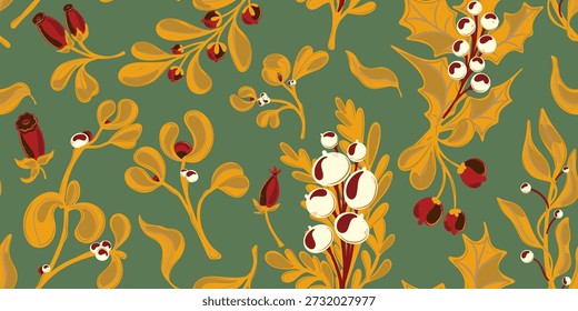 Patrón botánico sin fisuras. Bayas, ramas con hojas, Navidades, plantas de invierno. Estilo plano