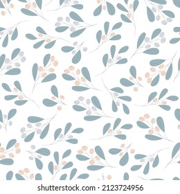 Botanical seamless pattern with berries and leaves. Trendy vector illustration. Elegant floral print. Repeating branches with leaves in pastel colors.