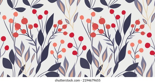 Botanical seamless pattern with berry branches, leaves on a white background. Floral print for fabrics, wallpaper, fashion design, interior, covers... Vector illustration in a simple hand-drawn style 