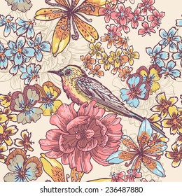 Botanical seamless pattern with bird . All objects are conveniently grouped  and are easily editable.