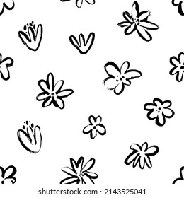 Patrón ininterrumpido botánico con flores abstractas negras. Fondo vector floral de verano dibujado a mano. Motivos florales de estilo cepillo seco. Ilustración de pintura negra con camomilos y plantas silvestres