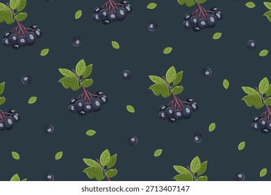Patrón botánico sin fisuras con rama de chokeberry negro con bayas oscuras maduras y hojas verdes. Fondo de aronia de Vector para etiquetas, envases, productos naturales y temáticas de otoño.