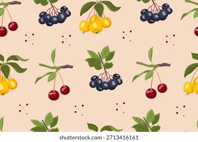 Patrón botánico sin fisuras con chokeberry negro, cereza y rama de cangrejo con bayas maduras y hojas verdes. Vector Aronia y fondo de manzana japonesa.
