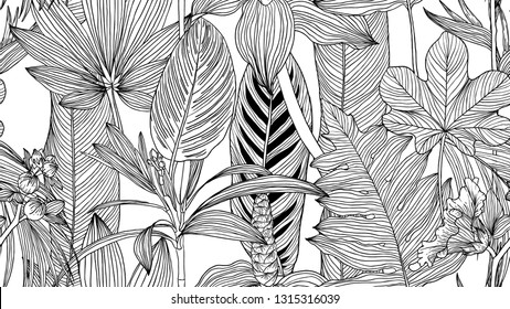 Botanical seamless pattern, black and white tropical leaves and flowers line art ink drawing on white