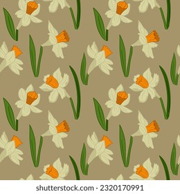 Botanical seamless pattern with blooming daffodils. Flat vector flowers with leaves on beige background. Ideal for wrapping paper, background, wallpaper, textile, banner